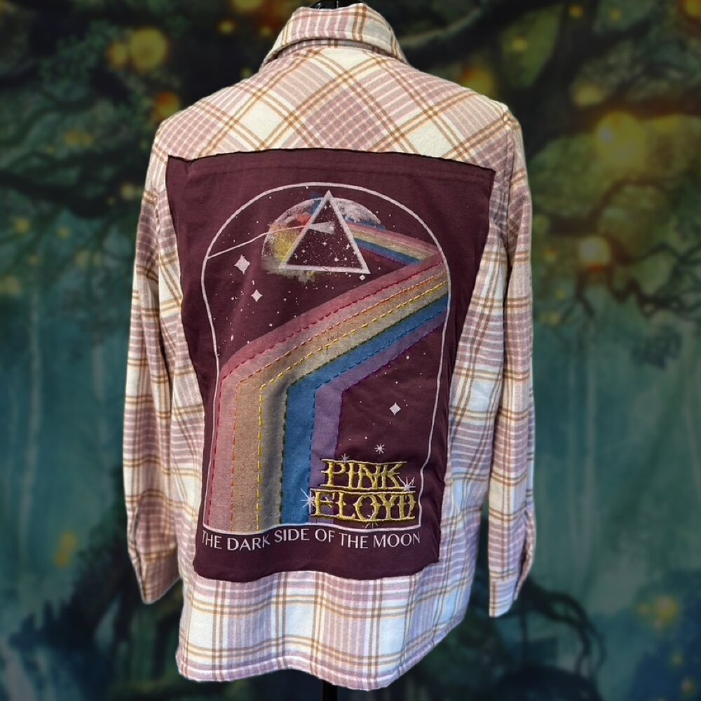 Reworked Pink Floyd Shacket | Sz M | Embroidered Oversized Plaid Flannel Jacket